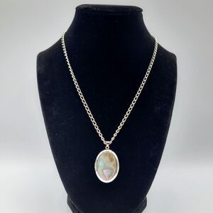 Silver Tone Abalone Shell Oval Locket Necklace Iridescent Pendant Photo Locket